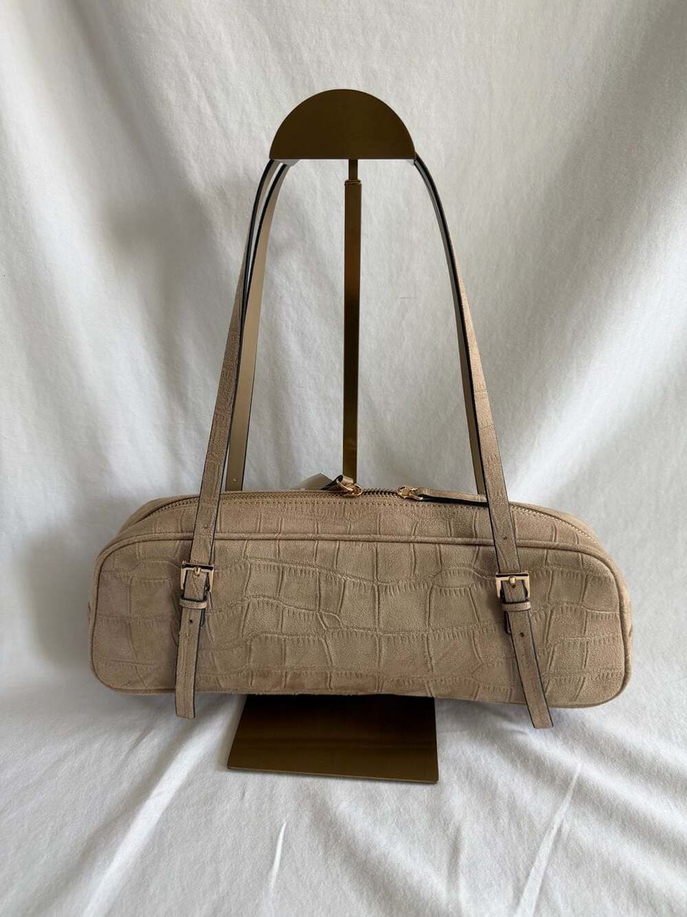 H&M Faux Suede Crocodile Embossed Shoulder Bag Tan - Picture 2 of 5